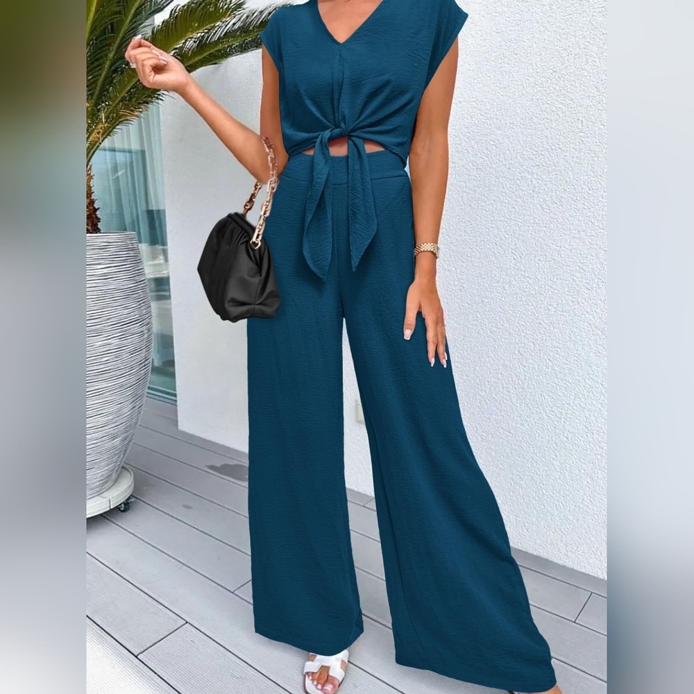 Chic Two-Piece Peacock Blue V-Neck Tie Top With Wide Leg Pants Full & Plus Size